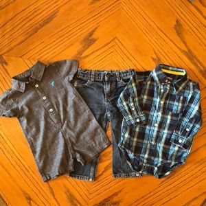 ALL 18 MONTH Osh Kosh button up shirt onesie, jeans and Wrangler shorts onesie